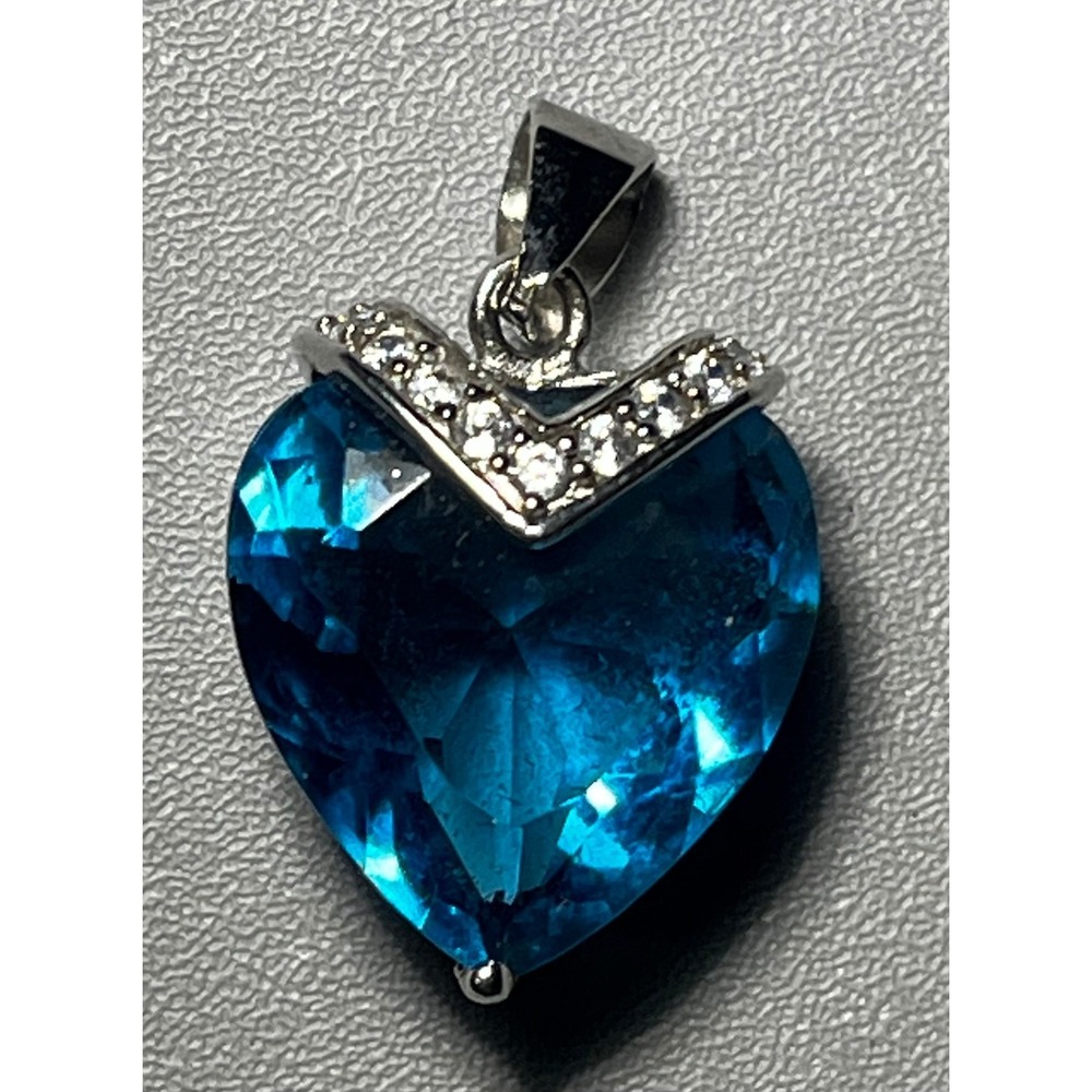 925 Sterling Silver Blue Topaz Heart Pendant Necklace Charm Clear Accents